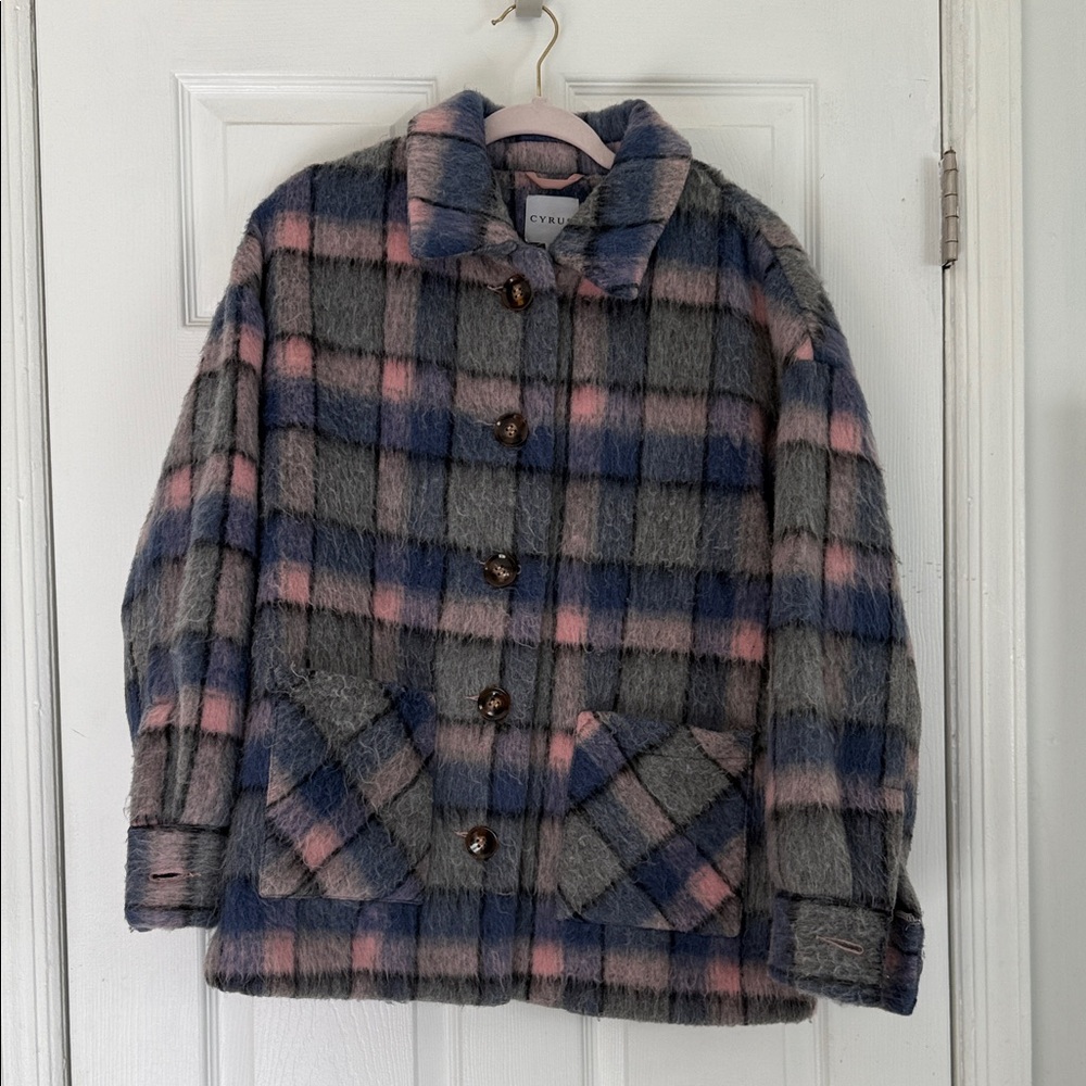 Plaid Jacket Size Small by Cyrus Pink Blue Gray polyester button jacket